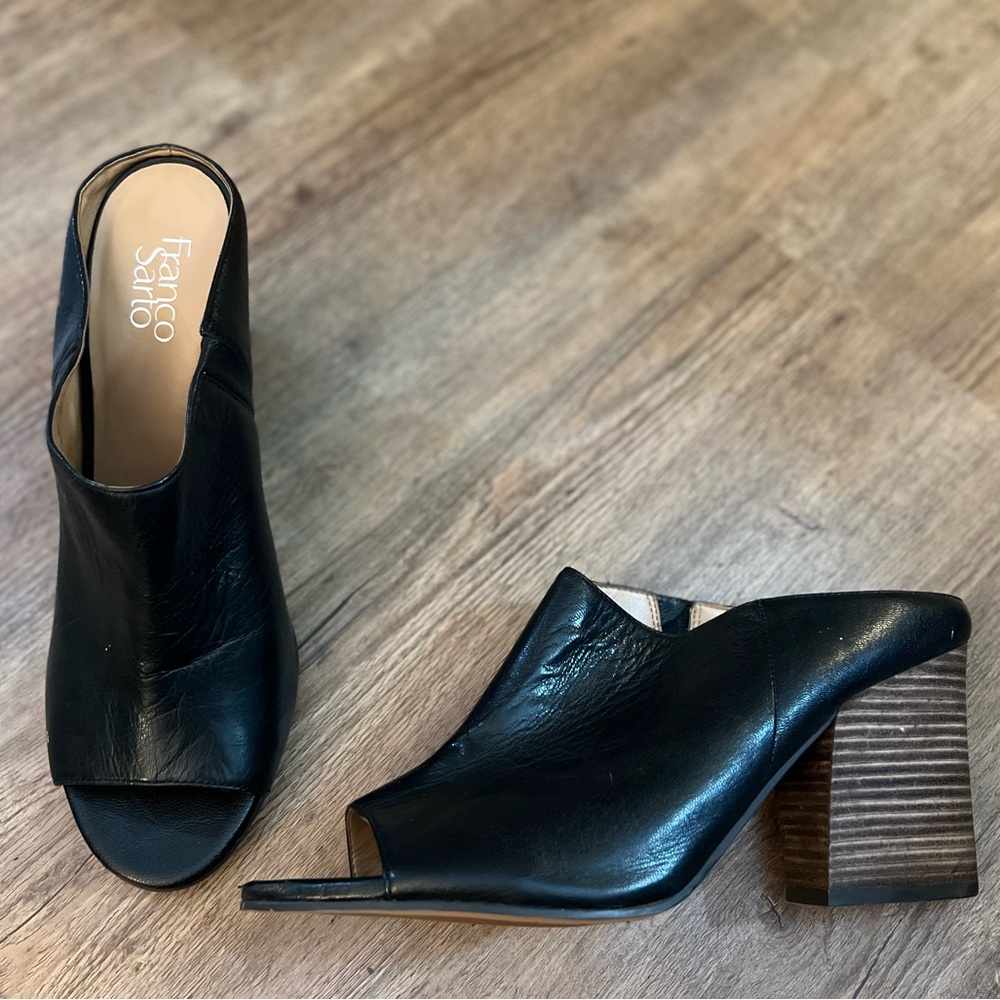 Franco Sarto black open toe mules.  Size 12